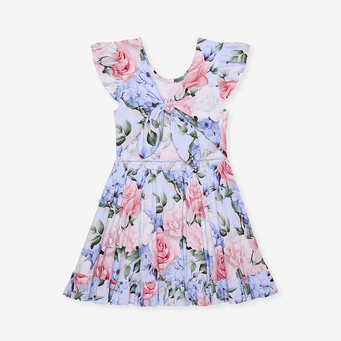 Floral dress with pink and blue flowers on a white background