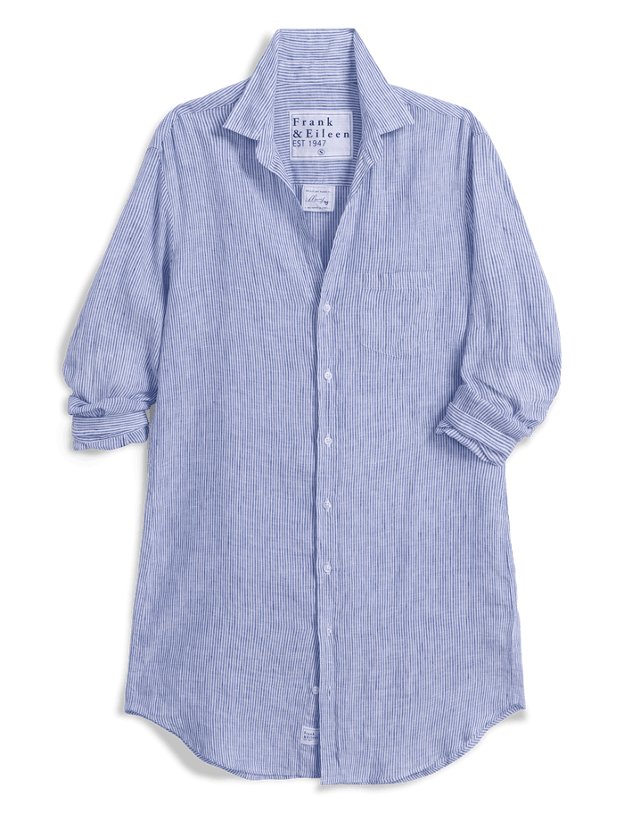 Blue striped dress with rolled-up sleeves on a transparent background