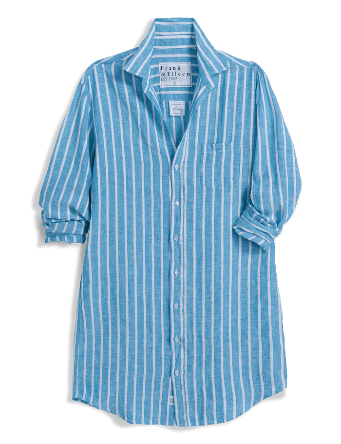 Blue and white striped shirt with brand label on a transparent background