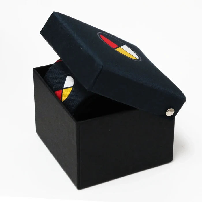 Medicine Wheel Artist Silk Tie elegantly packaged in a stylish box, showcasing the unique design and symbolism.