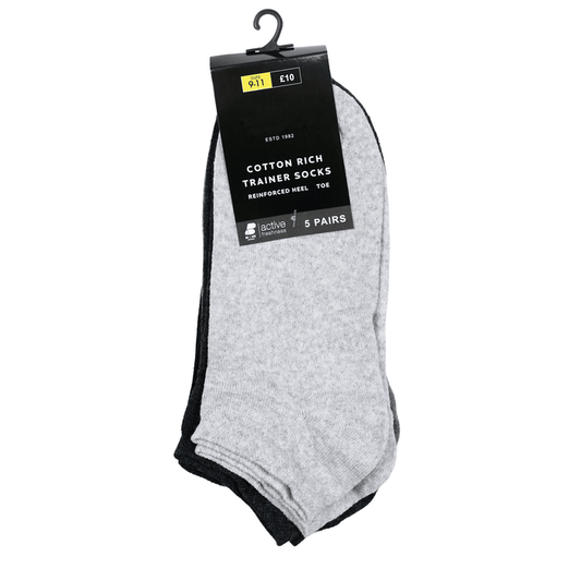 mens cotton rich trainer socks assorted with reinforced heel and toe in cardboard packaging with hook for hanging in size 9-11, 5 pairs, active freshness