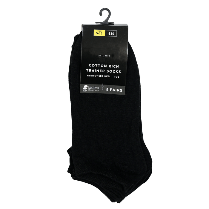 mens cotton rich black trainer socks with reinforced heel and toe in cardboard packaging with hook for hanging in size 9-11, 5 pairs, active freshness