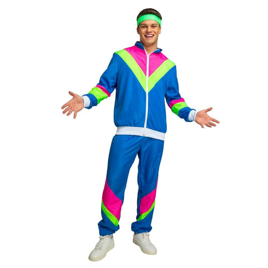 Man wearing a blue and neon coloured 80s-style tracksuit on a white background