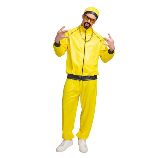 Man wearing a bright yellow Ali G costume with yellow tinted sunglasses and gold chain