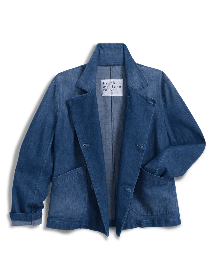Blue jacket with a brand label on a transparent background