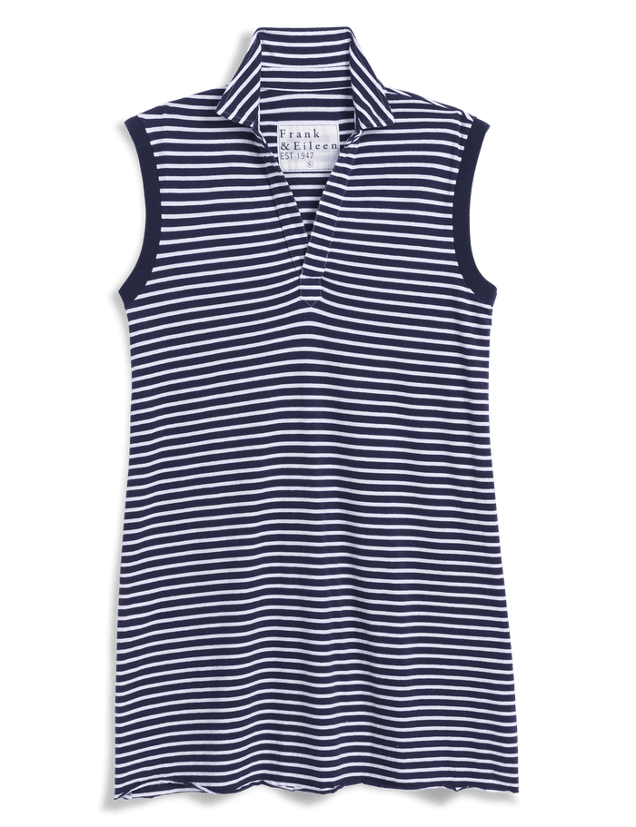 Striped sleeveless dress with a brand label on a white background