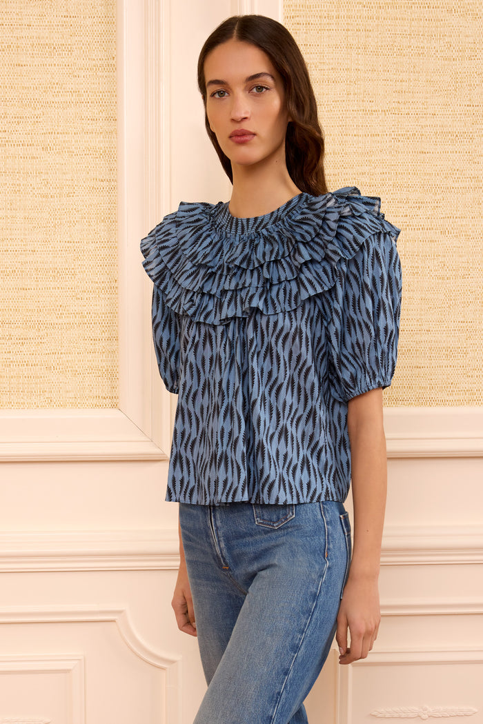 Tidal Blue Printed Cotton Mira Top - Front Side View, Ruffled Collar | Ulla Johnson