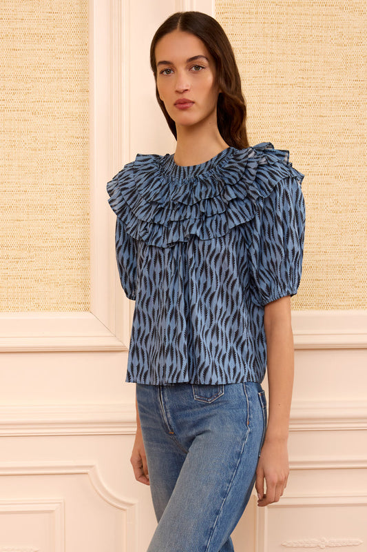 Tidal Blue Printed Cotton Mira Top - Front Side View, Ruffled Collar | Ulla Johnson
