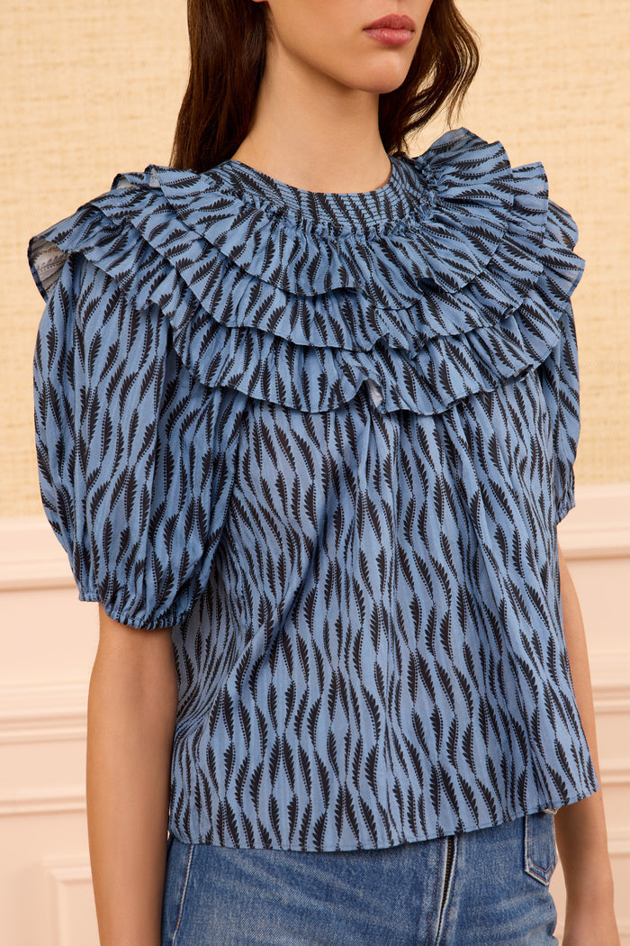 Tidal Blue Mira Top - Close-Up Ruffle Collar & Vine Print Detail | Ulla Johnson