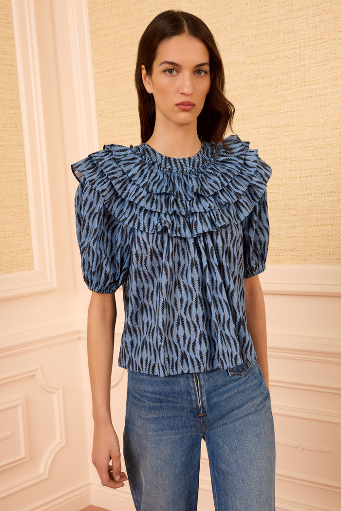 Tidal Blue Printed Cotton Mira Top - Front View, Designer Puff Sleeve Blouse | Ulla Johnson