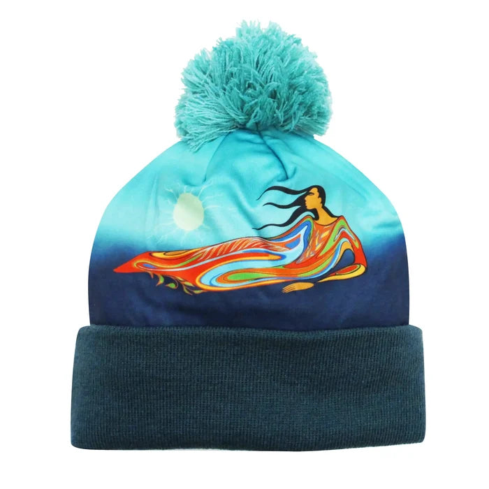Mother Earth Winter Thermal Hat featuring vibrant artwork and a cozy pom-pom.