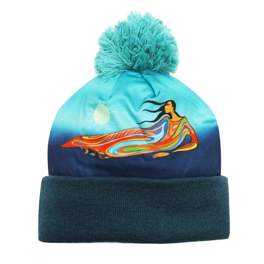 Mother Earth Winter Thermal Hat featuring vibrant artwork and a cozy pom-pom.