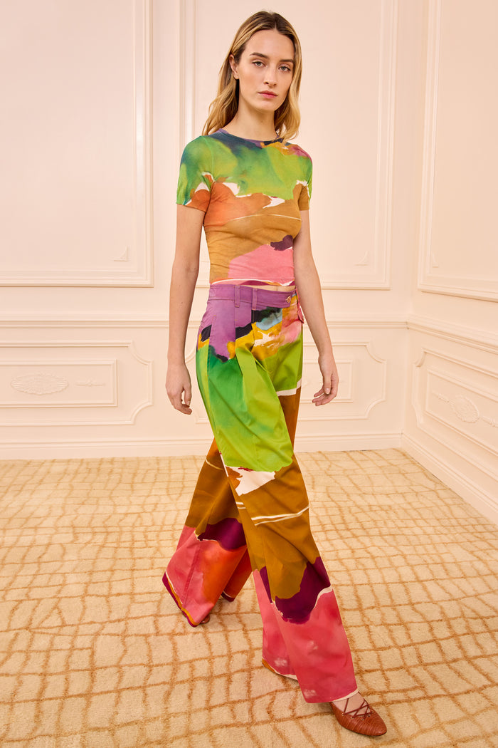 Multicolor Abstract Print Cotton Wide Leg Trouser - Full Length Styled Look | Ulla Johnson