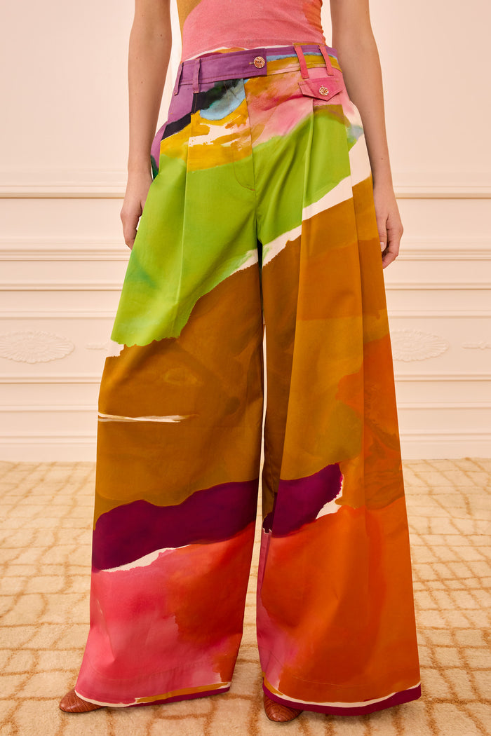Multicolor Frankenthaler Print Wide Leg Trouser - Front Pleат Detail Close-Up | Ulla Johnson