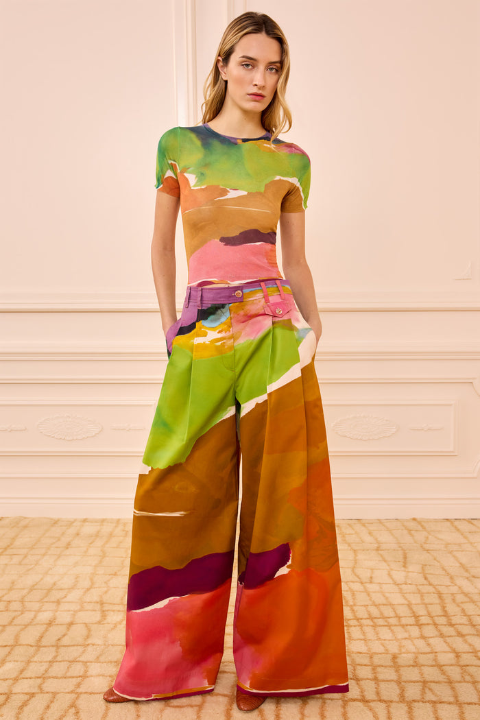 Designer Multicolor Abstract Print Cotton Wide Leg Trouser - Front View On Model | Ulla Johnson