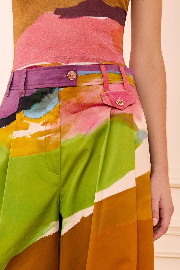 Luxury Cotton Wide Leg Trouser Abstract Print - Waistband & Pocket Hardware Detail | Ulla Johnson