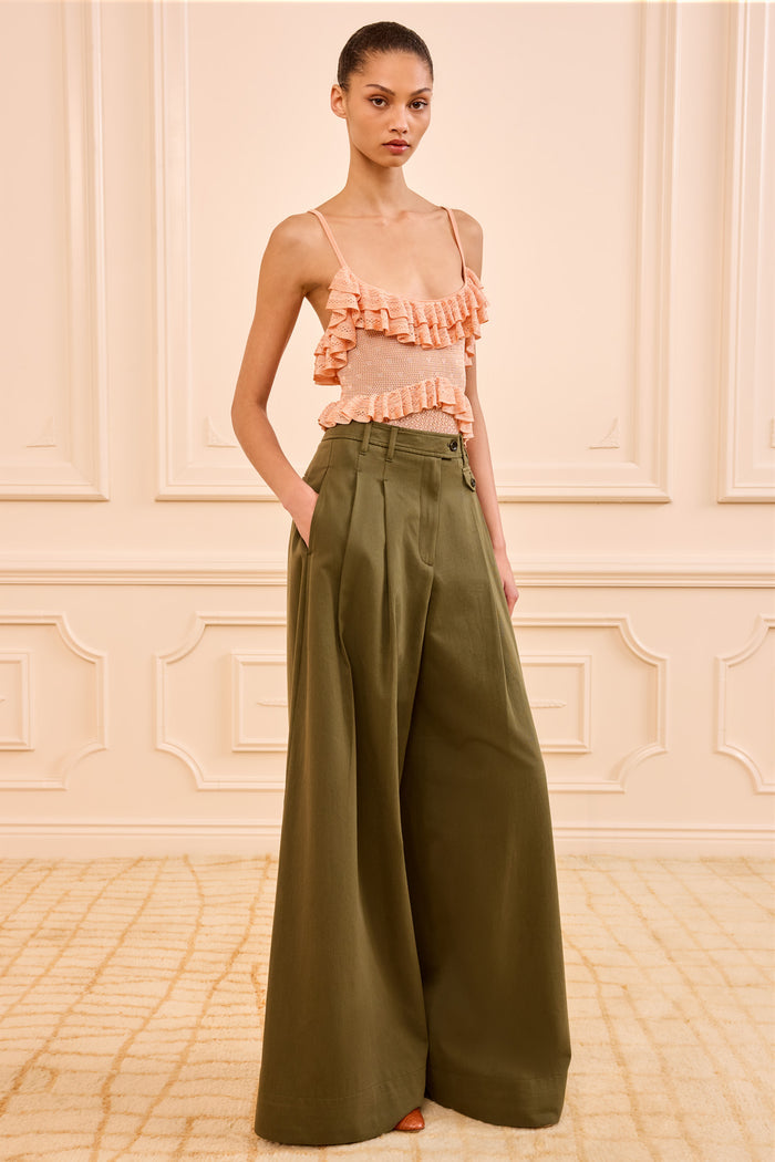 Olive Green Cotton Twill Wide Leg Trousers - On Model Full Length | Ulla Johnson