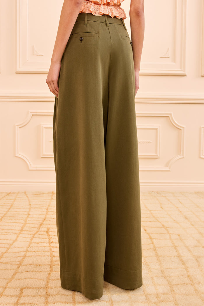 Olive Green Cotton Twill Wide Leg Trousers - Back View On Model | Ulla Johnson