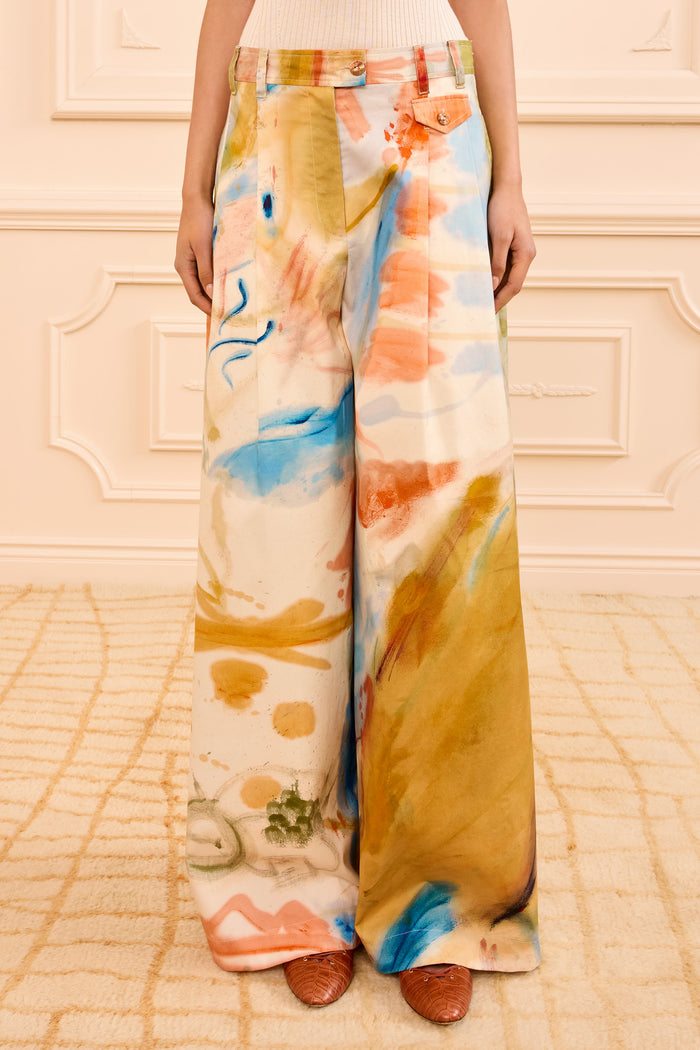 Multicolor Abstract Print Designer Wide Leg Trouser, Western Dream - Front Crop View | Ulla Johnson
