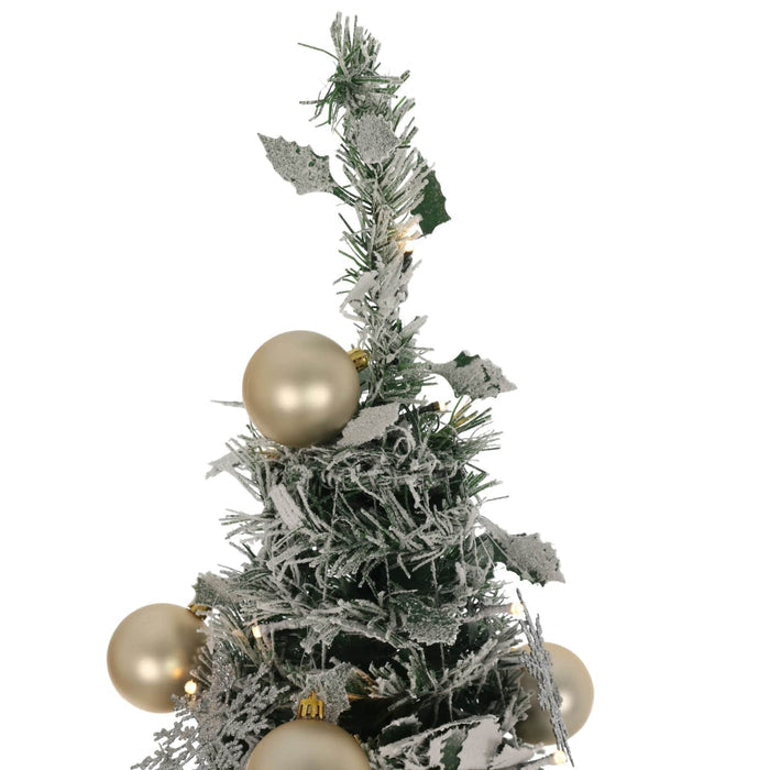 top of tree featuring snow flocked branches and holly leaves