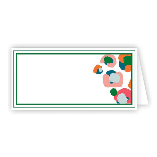 The Multi Spot Cheetah Place Cards feature a white background with a green border and are adorned with colorful abstract circles in pink, teal, orange, and green decorating the top right corner. These rectangular cards measure 2.25 x 4.5 inches and come in a convenient package of 10, each designed to stand elegantly open.