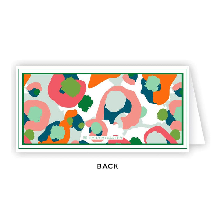 A package of 10 "Multi Spot Cheetah Place Cards" features rectangular, colorful cards showcasing abstract, multicolored shapes in pink, green, blue, and orange. Each card is bordered with a thin green line, labeled BACK at the bottom, and measures 2.25 x 4.5 inches.