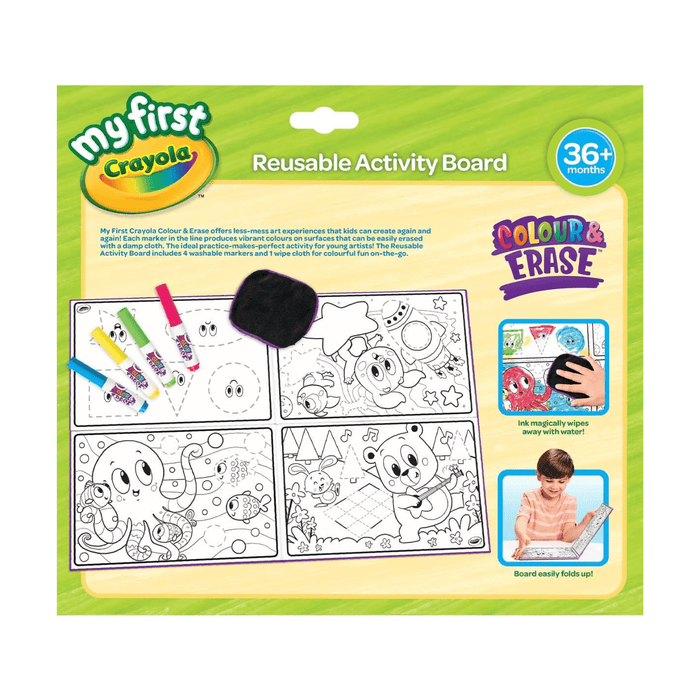 back view of my first crayola packaging with 4 vibrant markers and activity board featuring fun animal characters to colour and erase