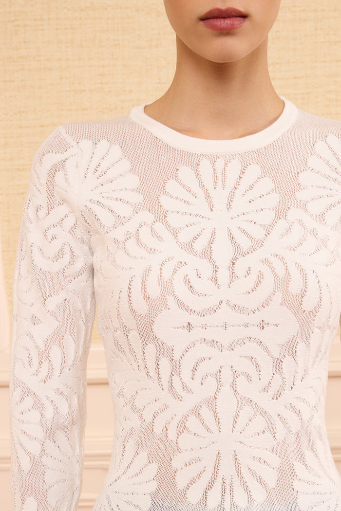 White Jacquard Pullover Floral Motif Close-Up Detail - Fabric Texture | Ulla Johnson
