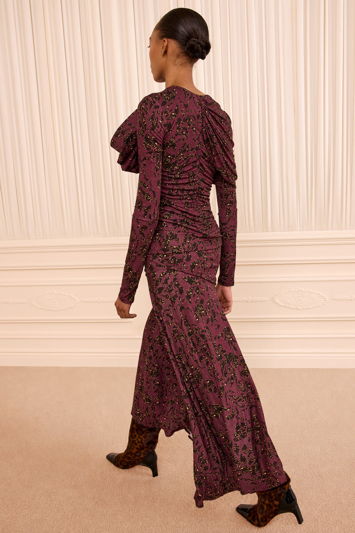 Neema Draped Jersey Top - Claret Floral