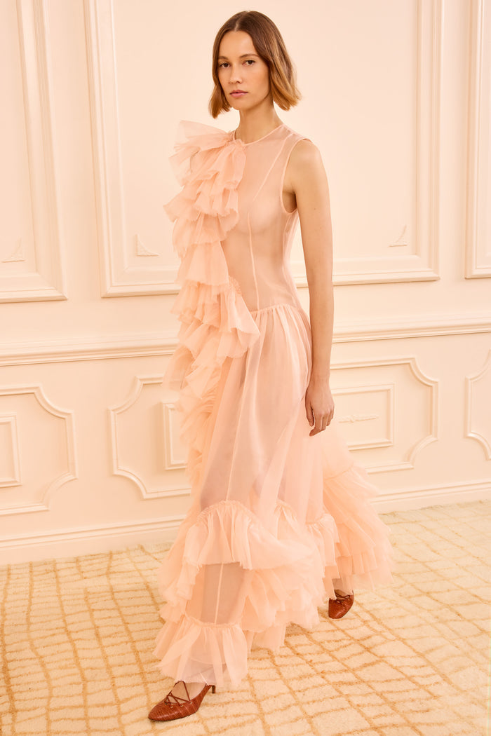 Petal Silk Organza Ruffle Gown - Side View, Asymmetric Ruffle Detail | Ulla Johnson