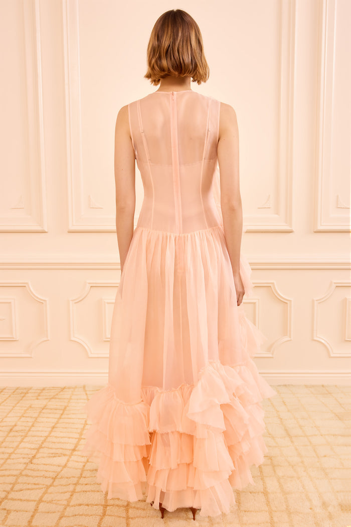 Petal Silk Ruffle Maxi Dress - Back View, Corset Bodice & Tiered Hem | Ulla Johnson