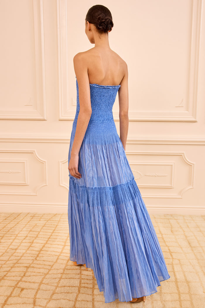 Blue Strapless Smocked Gown - Back View Showing Tiered Skirt | Ulla Johnson
