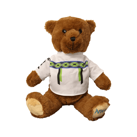 Northy Bear plush toy wearing Inuit shirt brown bear with cultural design