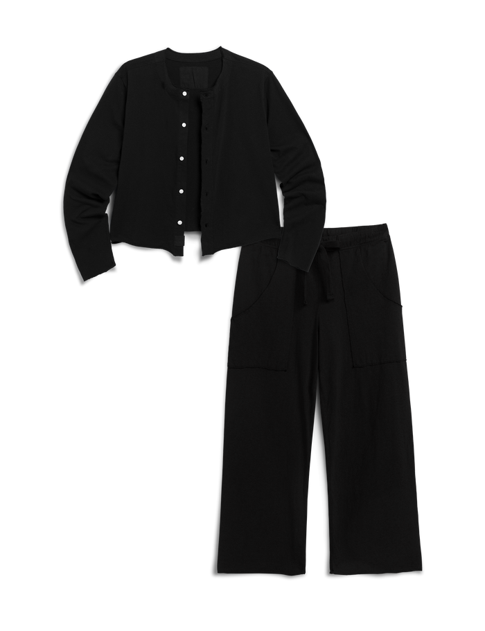 A black two-piece clothing set consisting of a cropped button-front cardigan and matching wide-leg pants, displayed on a clean white background.