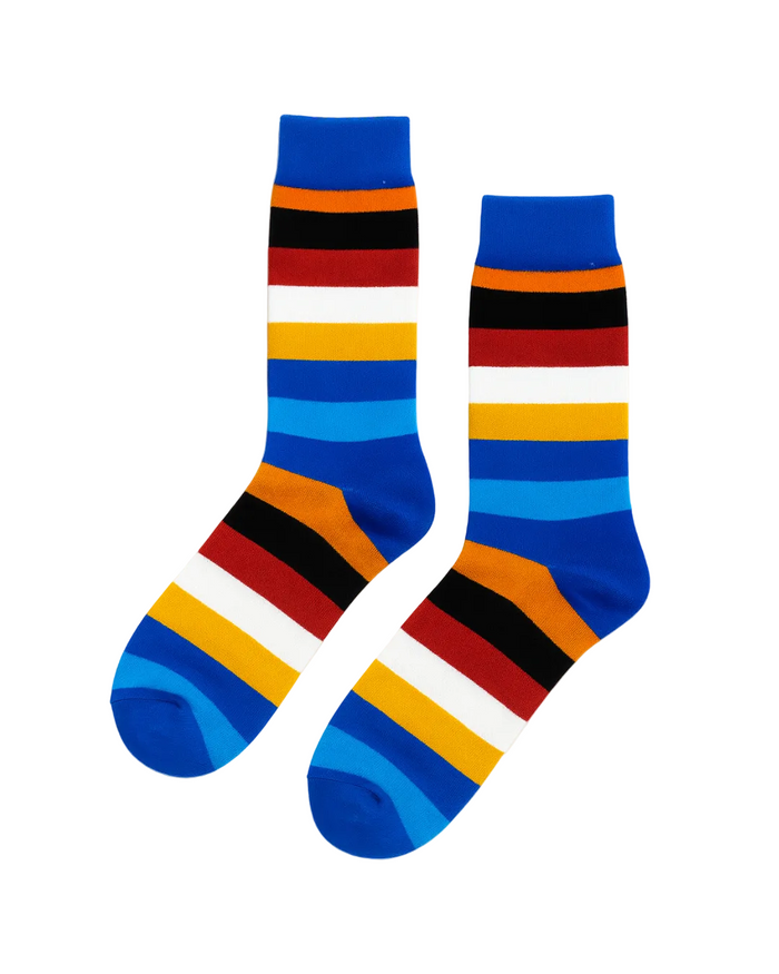 Ocean Burst socks angled view showing full stripe repeat in blue, white, and warm orange