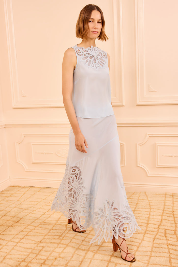 Light Blue Silk Oona Lace Applique Skirt - Full Look | Ulla Johnson