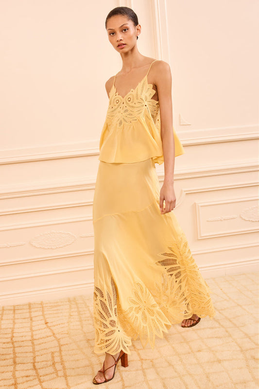 Dandelion Silk Lace Appliqué Maxi Skirt - Front View, Styled Look | Ulla Johnson