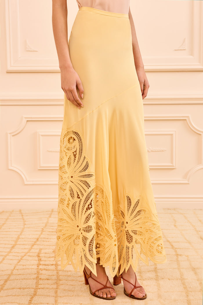 Dandelion Silk Bias-Cut Maxi Skirt - Lace Hem Detail, Side View | Ulla Johnson