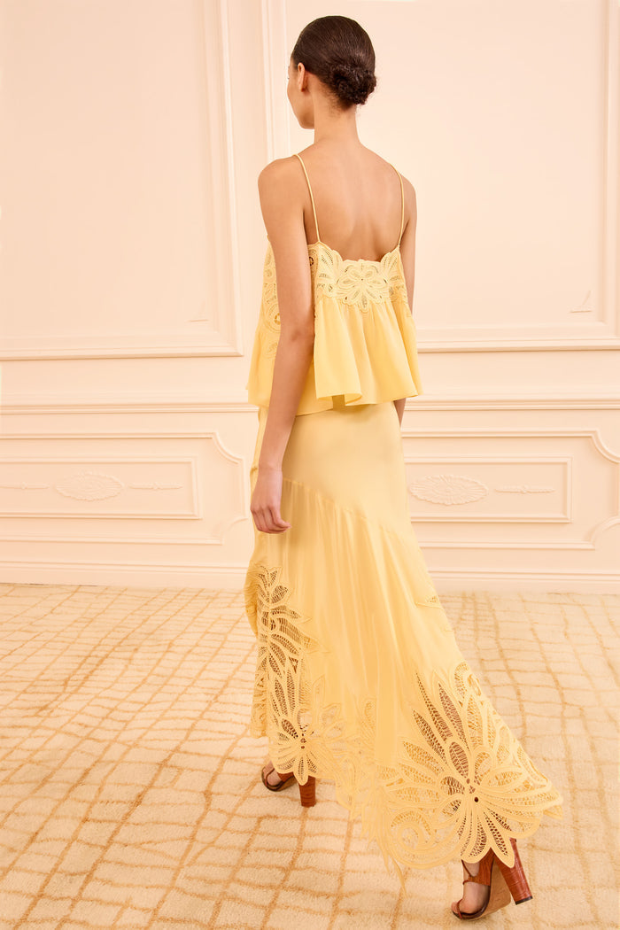 Dandelion Luxury Silk Lace Appliqué Maxi Skirt - Back Styled Look, On Model | Ulla Johnson