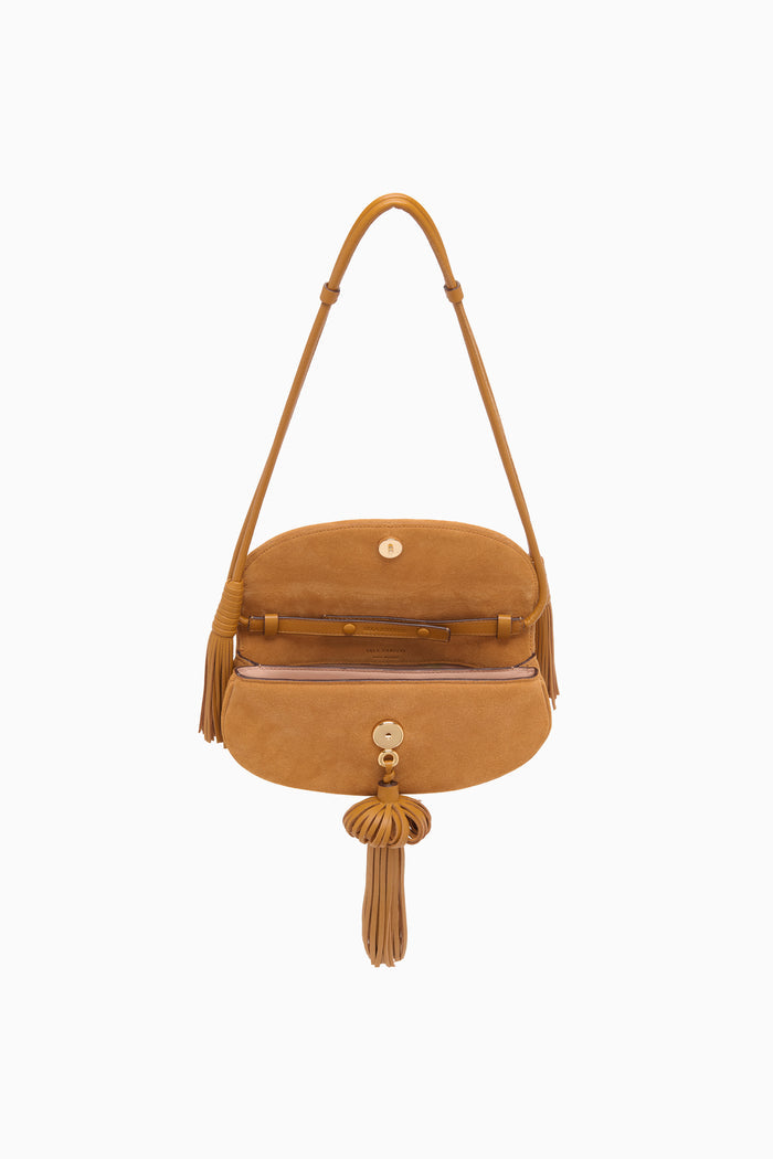 Canyon Suede Paloma Tassel Flap Bag - Open Interior with Gold Hardware Detail | Ulla Johnson