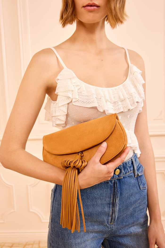 Canyon Suede Paloma Tassel Flap Bag Held as Clutch - On Model Styled Look | Ulla Johnson