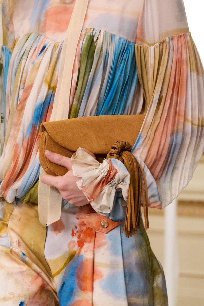 Canyon Suede Paloma Tassel Flap Bag - Runway Detail with Watercolor Print Dress | Ulla Johnson