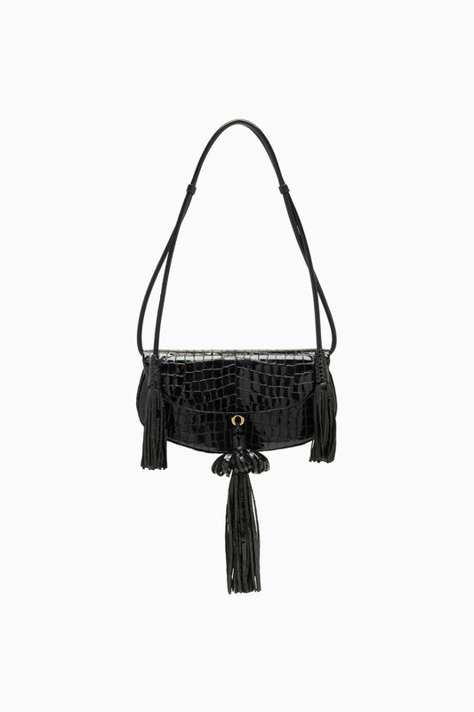 Black Embossed Leather Paloma Tassel Flap Bag - Front View | Ulla Johnson