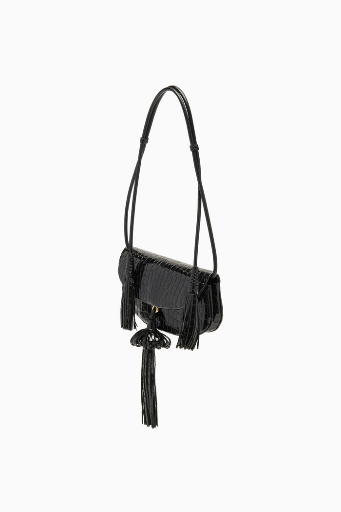 Black Croc-Embossed Leather Paloma Tassel Flap Bag - Side Angle | Ulla Johnson