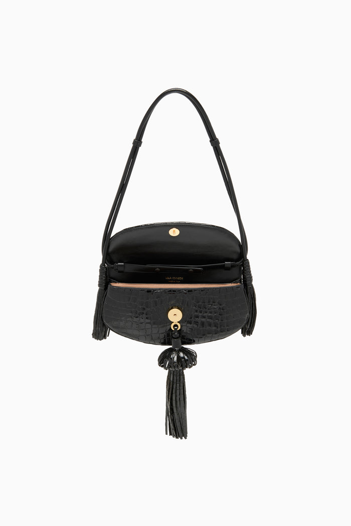 Black Embossed Leather Paloma Tassel Flap Bag - Interior Open View with Gold Hardware | Ulla Johnson