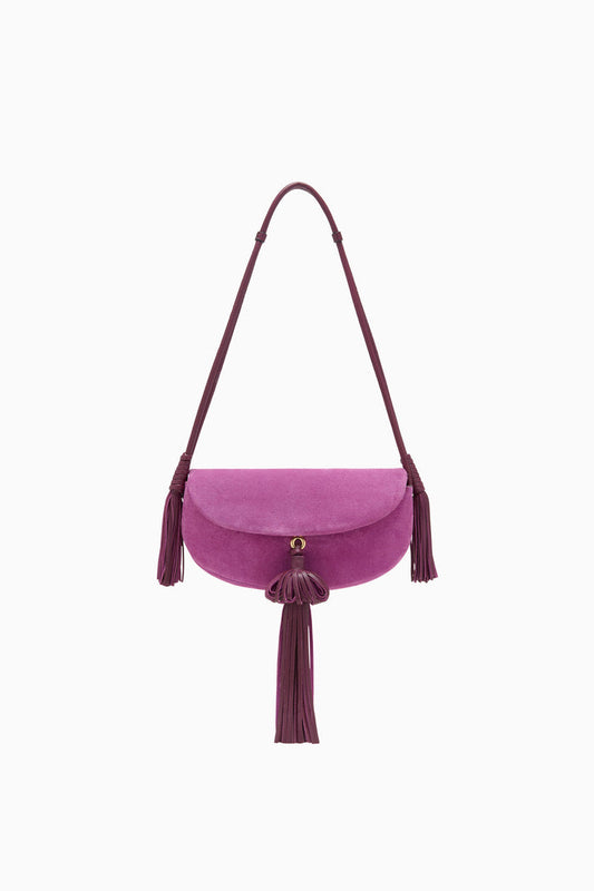 Orchid Suede Paloma Tassel Flap Bag - Front View, Shoulder Strap | Ulla Johnson