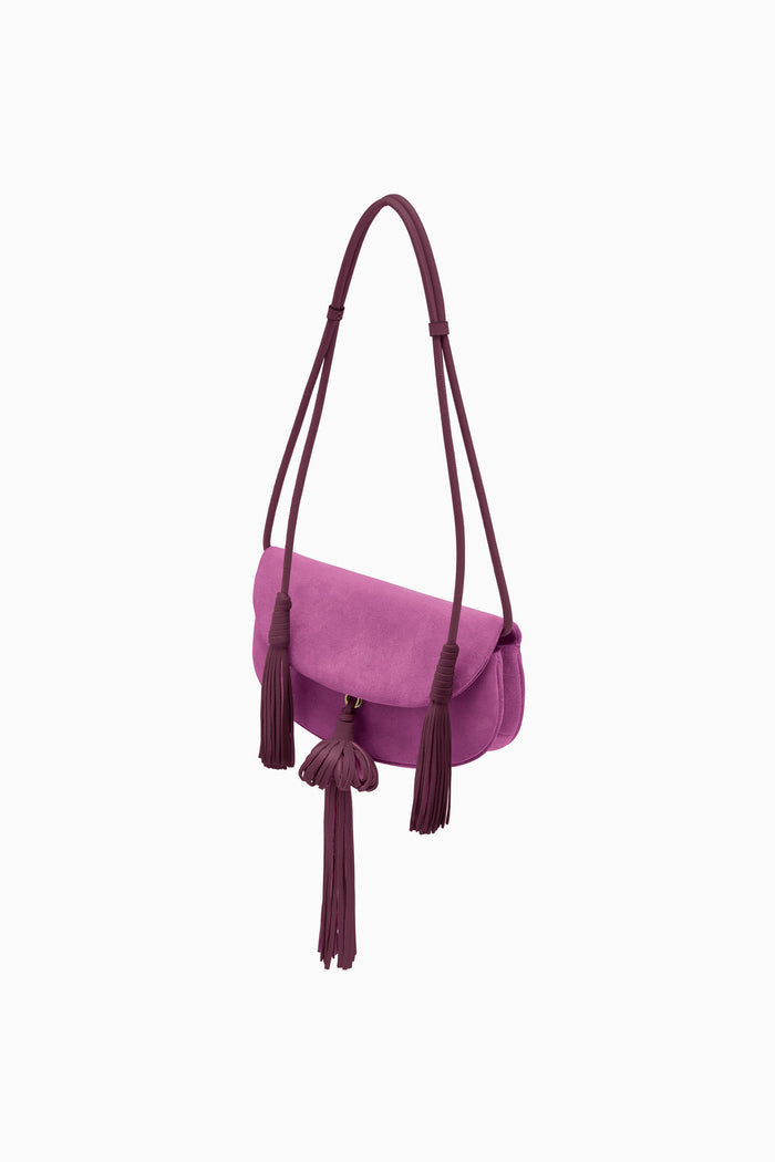 Orchid Suede Paloma Tassel Flap Bag - Angled Side View, Crossbody Strap | Ulla Johnson
