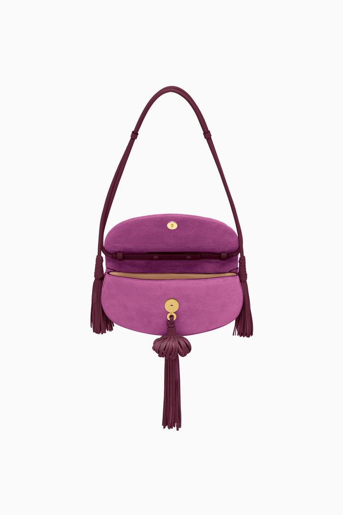 Orchid Suede Paloma Tassel Flap Bag - Open Interior View, Gold Hardware | Ulla Johnson