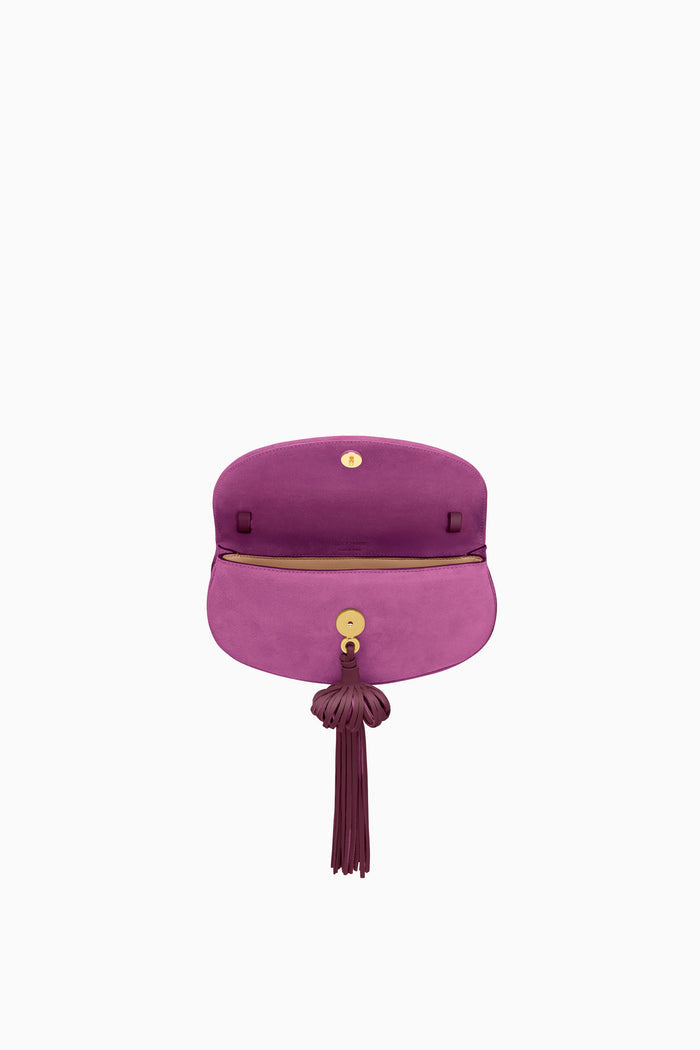 Orchid Suede Paloma Tassel Flap Bag - Open Flap Interior Detail, Gold Stud | Ulla Johnson