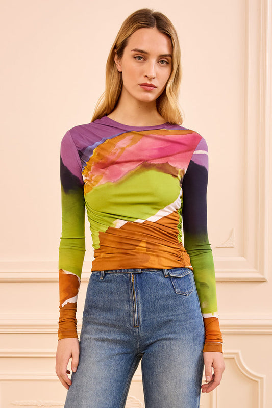 Multicolor Abstract-Print Ruched Jersey Long Sleeve Top - Front View | Ulla Johnson